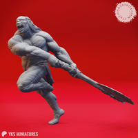 Digital render of Grimlock 03 miniature — unpainted grey resin, side-angled front view. Full dynamic pose captured mid-lunge with one knee raised, mouth open wide in a roar, and the axe weapon extended forward at low angle. Skull and face details on the weapon haft clearly visible.
