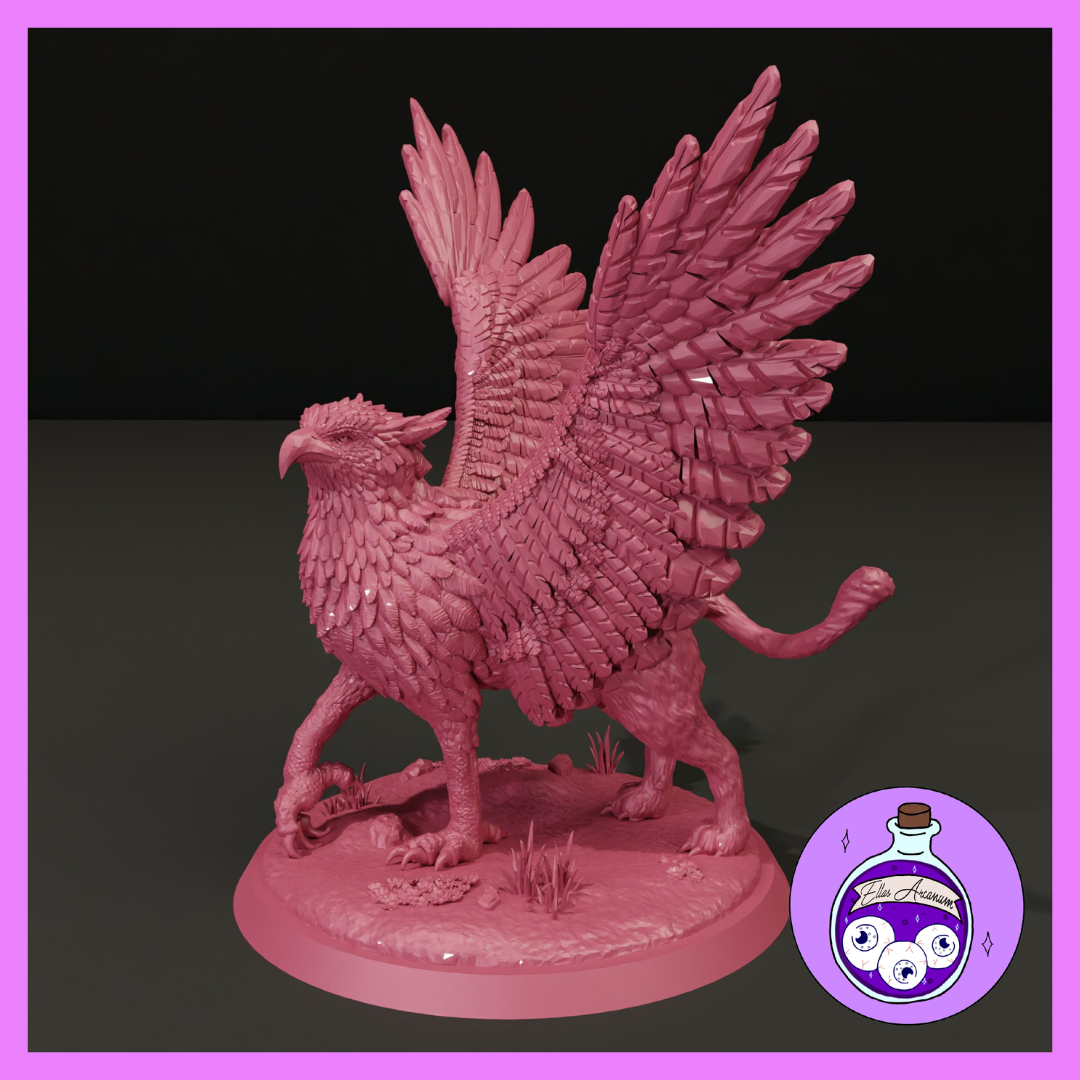 Gryphon miniature by Ella's Arcanum Minis — eagle head turned alert with open beak, wings spread wide with layered feather detail, lion haunches and tufted tail, taloned forelegs on a textured rocky base.