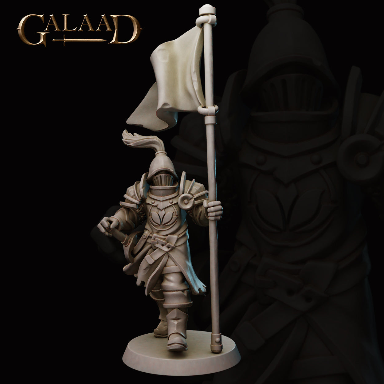 Front view of an unpainted grey resin 32mm knight miniature from Galaad Miniatures — Queen's Guard 01 — showing full ornate plate armour with crested visor helm, floral pauldron detail, laminar leg armour, swept battle skirt, and a tall standard banner held in the right hand, striding forward on a round base