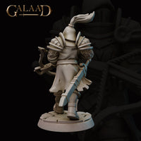 Rear view of Queen's Guard 02 miniature by Galaad Miniatures — unpainted grey resin showing detailed knotwork pauldron reliefs, swept plume on the visored helm, the crossbow stock visible at the side, flowing tabard and articulated leg armour, cobblestone base, 32mm scale
