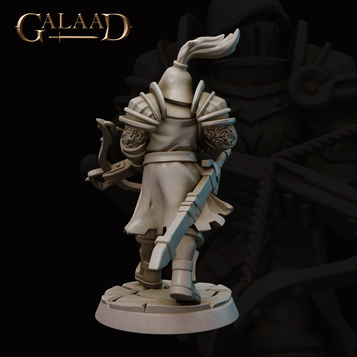 Rear view of Queen's Guard 02 miniature by Galaad Miniatures — unpainted grey resin showing detailed knotwork pauldron reliefs, swept plume on the visored helm, the crossbow stock visible at the side, flowing tabard and articulated leg armour, cobblestone base, 32mm scale
