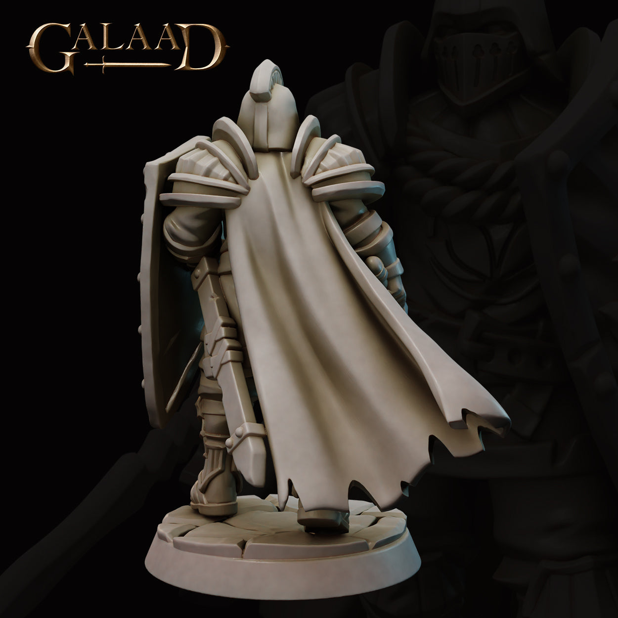 Rear view of the same unpainted grey resin Queen's Elite Guard 01 miniature, showing a dramatic flowing tattered cape, articulated pauldrons and backplate detail, kite shield visible at the right side, and cracked cobblestone base