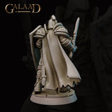 Rear three-quarter view of the same unpainted grey resin knight miniature showing the full sweep of a long tattered battle-worn cloak falling from pauldron to base, with detailed plate armour on the shoulders and arms, longsword visible over the right shoulder, and the back edge of the heater shield on the left — Queen's Elite Guard 02 by Galaad Miniatures, 32mm scale