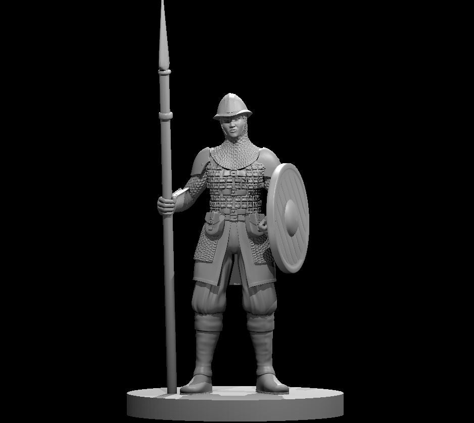 Digital render of an unpainted grey resin female guard miniature at 32mm scale. She stands upright on a round base, wearing layered scale armour over a chainmail coif and nasal helm. She holds a tall spear in her right hand and carries a round shield on her left arm. Her expression is composed and alert.