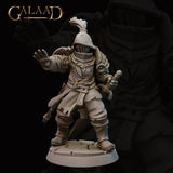 Front view of an unpainted grey resin Queen's Guard 03 miniature by Galaad Miniatures — armoured female soldier in a swept-brim bascinet with feathered plume, one hand raised outward and the other gripping a short weapon, wearing layered plate and fabric armour with a long sword at the hip, mounted on a cracked stone base at 32mm scale