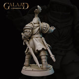 Rear view of the same unpainted grey resin Queen's Guard 03 miniature showing a gear satchel secured to the back, segmented pauldrons, a trailing long sword, and a fabric tabard over plate armour, with the cracked stone base visible beneath