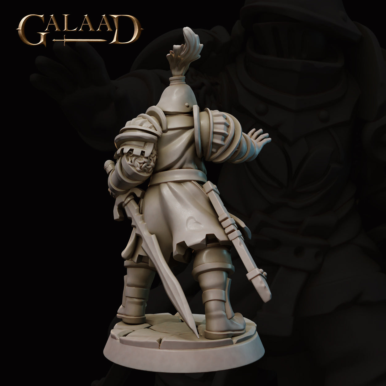 Rear view of the same unpainted grey resin Queen's Guard 03 miniature showing a gear satchel secured to the back, segmented pauldrons, a trailing long sword, and a fabric tabard over plate armour, with the cracked stone base visible beneath