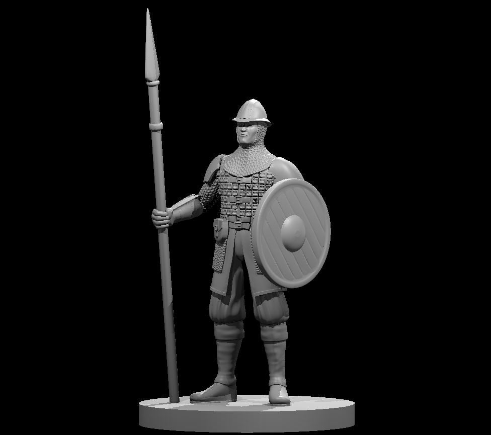 Grey resin digital render of a male guard miniature at 32mm scale, standing upright in chainmail armour with a kettle helm, holding a long spear in his right hand and a round shield in his left, mounted on a round base