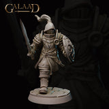 Front view of Queen's Guard 04 — an unpainted grey resin miniature of an armoured knight in a plumed visor helmet, advancing with longsword extended and a round ornate shield raised, wearing plate armour with a floral breastplate motif, standing on a cracked cobblestone base. Sculpted by Galaad Miniatures.