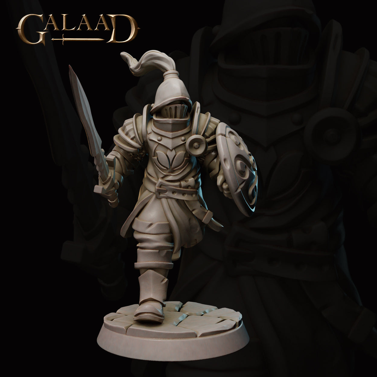 Front view of Queen's Guard 04 — an unpainted grey resin miniature of an armoured knight in a plumed visor helmet, advancing with longsword extended and a round ornate shield raised, wearing plate armour with a floral breastplate motif, standing on a cracked cobblestone base. Sculpted by Galaad Miniatures.