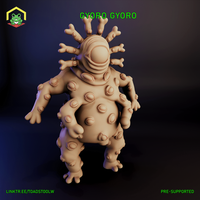 Digital render of the Gyoro Gyoro miniature by The Toadstool Weaver — an unpainted, skin-toned aberration creature with a bulbous body covered in closed eye-like protrusions, wide stubby limbs, and a crown of thick finger-tipped tendrils radiating from its oversized head, shown against a dark blue background at 32mm scale