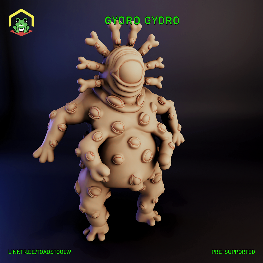 Digital render of the Gyoro Gyoro miniature by The Toadstool Weaver — an unpainted, skin-toned aberration creature with a bulbous body covered in closed eye-like protrusions, wide stubby limbs, and a crown of thick finger-tipped tendrils radiating from its oversized head, shown against a dark blue background at 32mm scale
