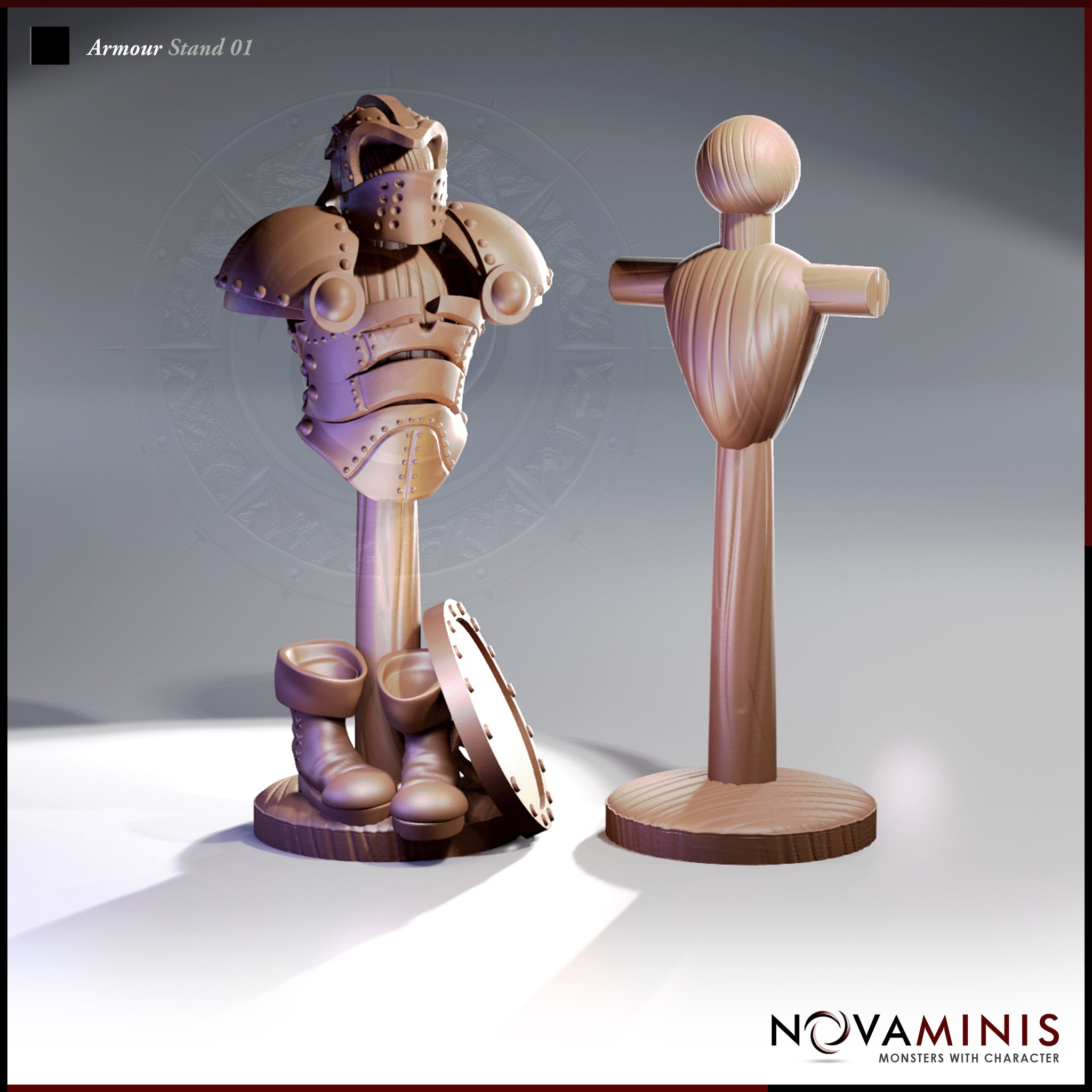 Digital render of two 32mm scale scatter terrain pieces by Novaminis: a wooden armour stand displaying a riveted plate armour suit with great helm, pauldrons, gauntlets, greaves, and a round shield at its base, alongside a bare wooden T-shaped mannequin form on a round wooden base — both unpainted in warm brown tones