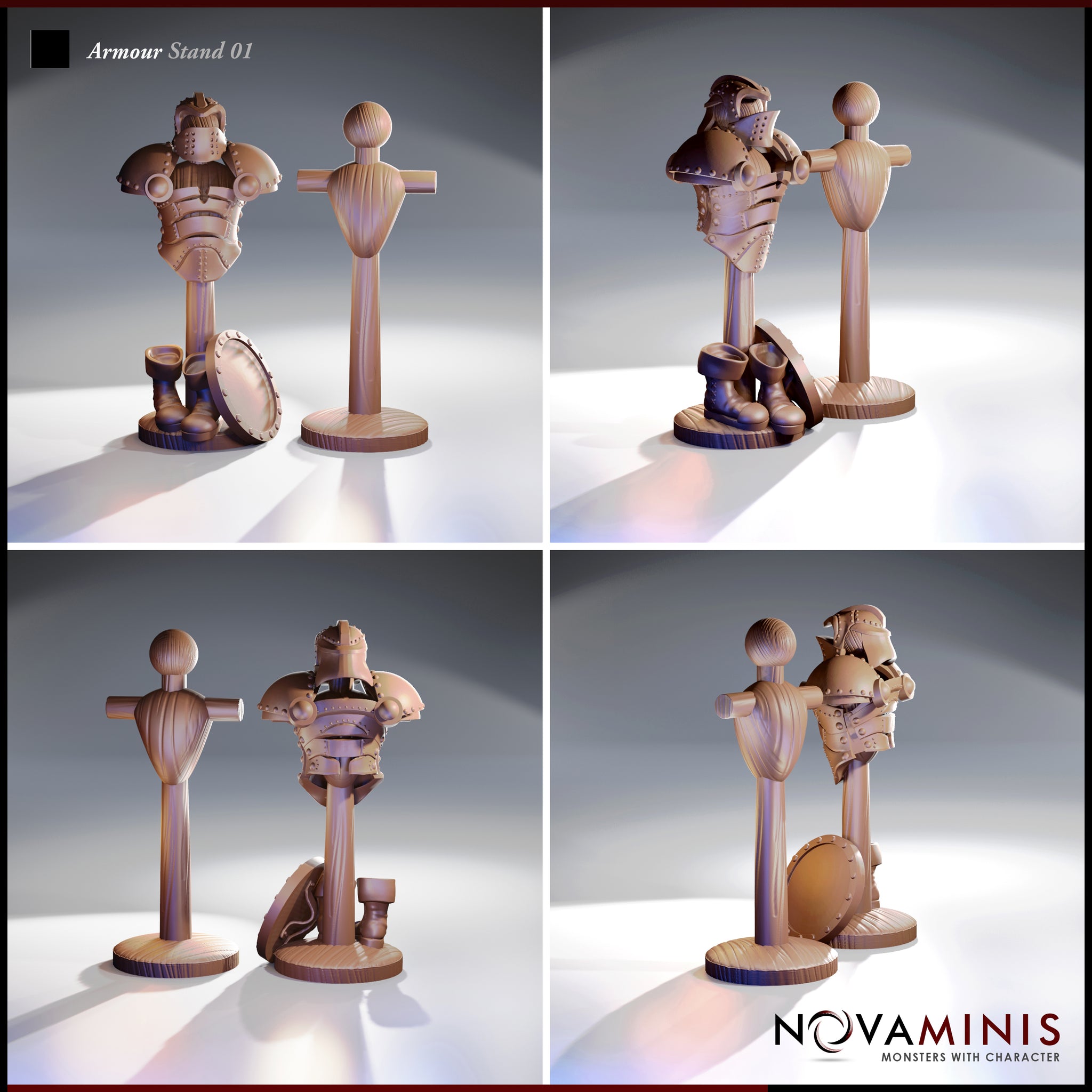 Four-angle digital render of the Novaminis Armour Stand 01 scatter terrain set showing front, side, rear, and three-quarter views of both the fully armoured display stand and the bare wooden mannequin, highlighting the woodgrain texture and sculpted plate armour detail