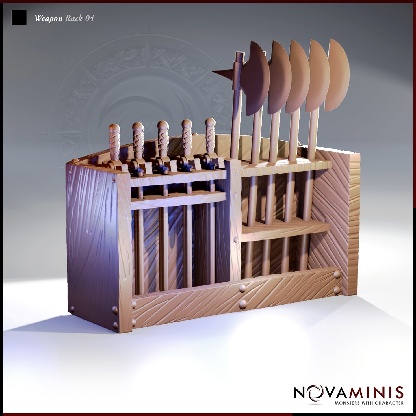 Digital render of Weapon Rack 04 by Novaminis — a two-section wooden armoury rack shown at three-quarter angle, with twisted-grip swords racked in the left section and upright pole axes with broad blades fanned outward in the right section, unpainted in natural tan resin tone