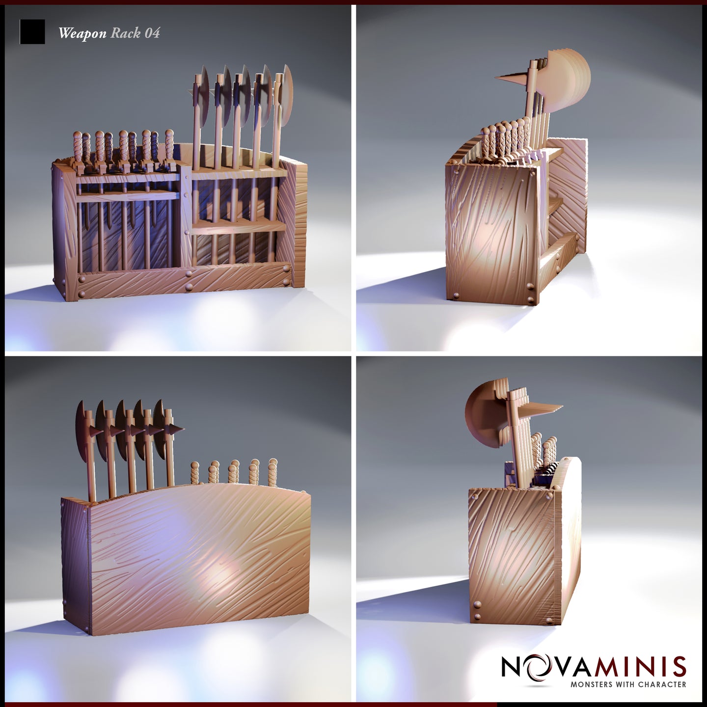 Four-angle digital render sheet of Weapon Rack 04 by Novaminis showing front view with full sword and axe storage, right side profile revealing the tall axe section, rear view of the plain planked timber construction, and left side view showing the sword grips and axe blades from the opposite angle