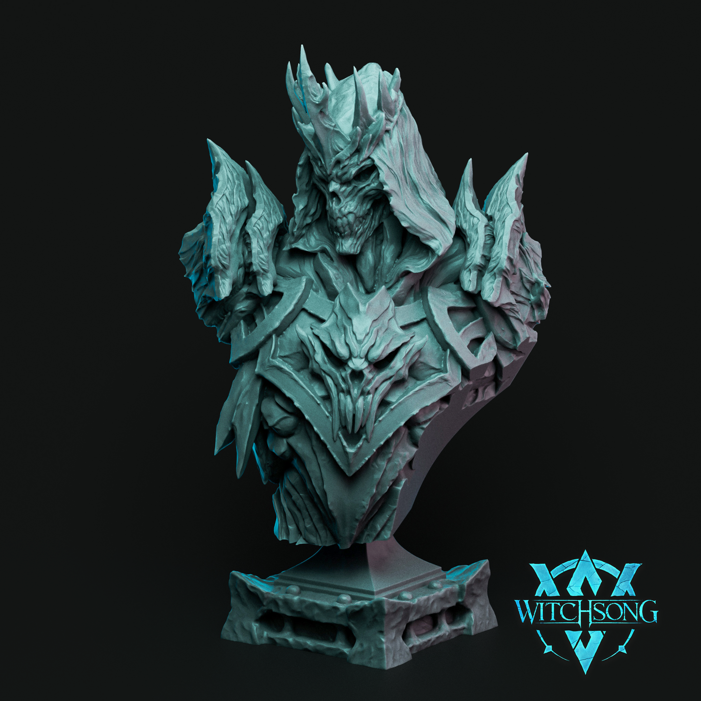 Digital render of the Hades Bust by Witchsong Miniatures — an unpainted grey resin display bust depicting a gaunt skull-faced death lord wearing a spike crown and layered dark armour engraved with a demonic face on the chest plate, with jagged outward-flaring pauldrons and a ragged cloak, mounted on a rune-bordered stone plinth base. Witchsong Miniatures logo visible in the lower right corner.