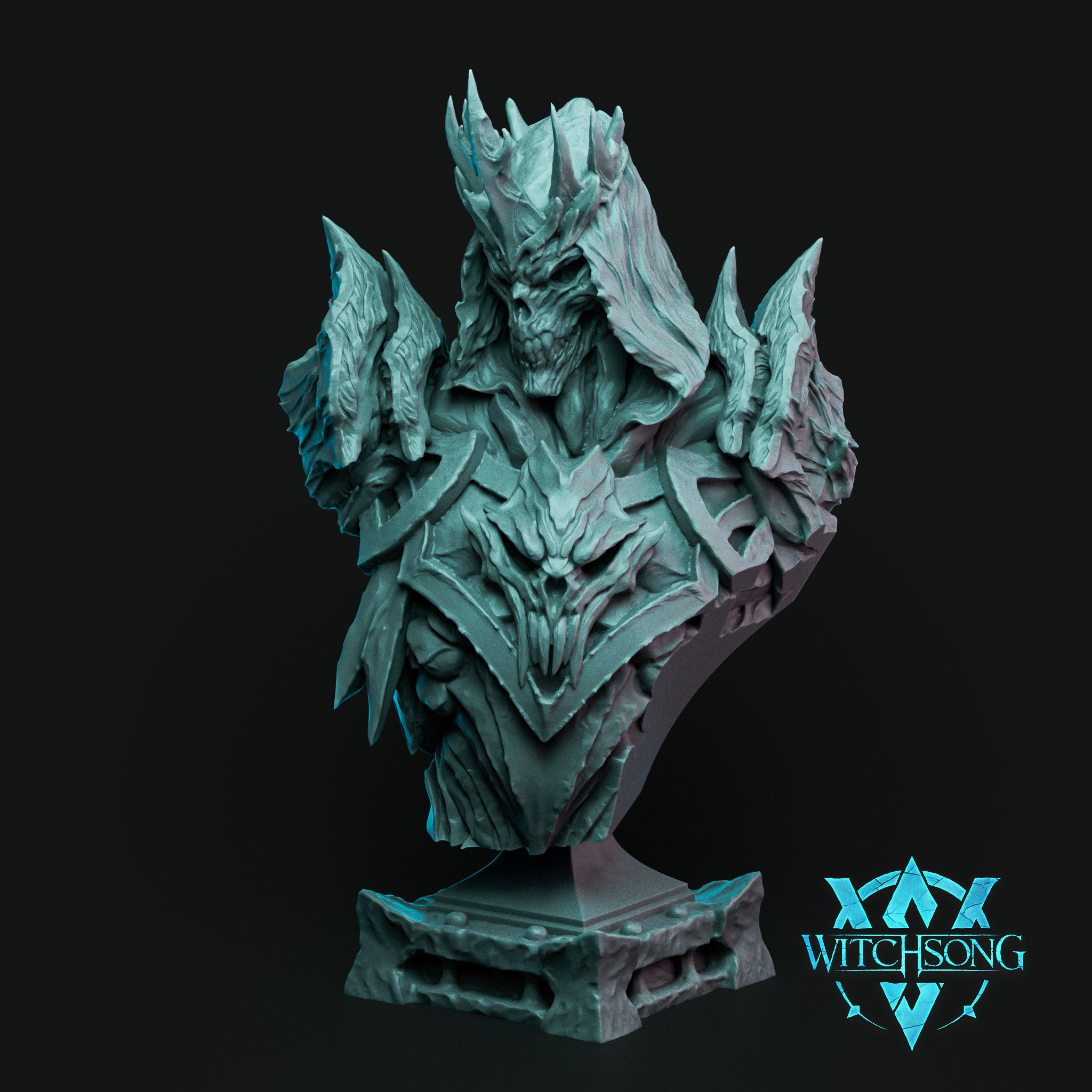 Digital render of the Hades Bust by Witchsong Miniatures — an unpainted grey resin display bust depicting a gaunt skull-faced death lord wearing a spike crown and layered dark armour engraved with a demonic face on the chest plate, with jagged outward-flaring pauldrons and a ragged cloak, mounted on a rune-bordered stone plinth base. Witchsong Miniatures logo visible in the lower right corner.