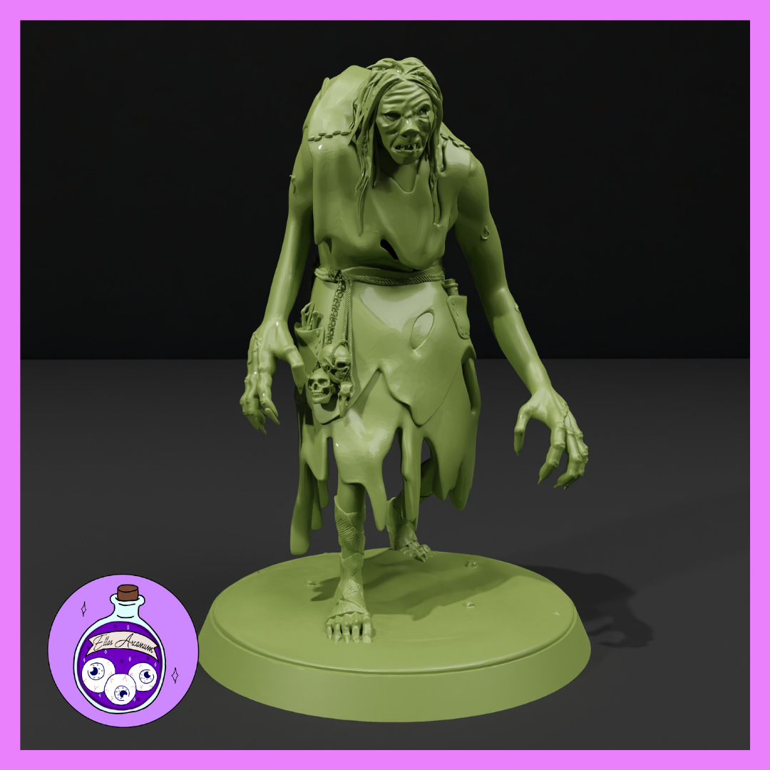 Digital render of an unpainted hag miniature at 32mm scale, shown in olive green. The hag stands hunched with clawed hands outstretched, one gripping a skull. She wears tattered rags, has matted hair, a gaunt hollow-eyed face, and skulls hanging from her belt. One leg is bandaged and her feet are clawed. Mounted on a round base. Ella's Arcanum Minis logo visible in the lower left corner.