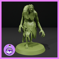 Digital render of an unpainted hag miniature at 32mm scale, shown in olive green. The hag stands hunched with clawed hands outstretched, one gripping a skull. She wears tattered rags, has matted hair, a gaunt hollow-eyed face, and skulls hanging from her belt. One leg is bandaged and her feet are clawed. Mounted on a round base. Ella's Arcanum Minis logo visible in the lower left corner.