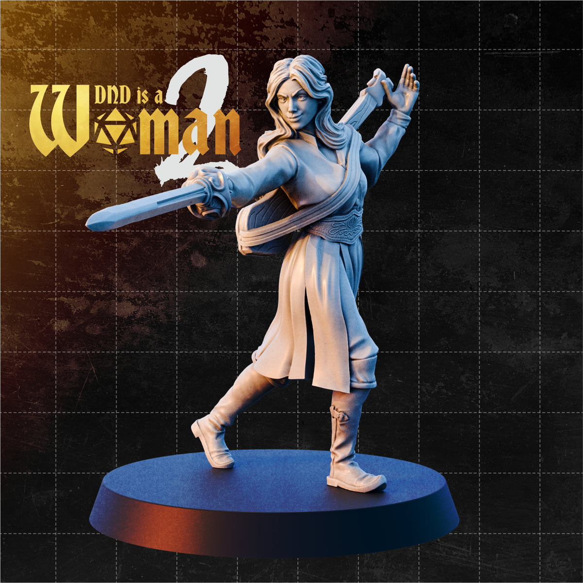 Half-elf female warrior-bard in a wide combat stance, thrusting a straight sword forward with one hand while raising the other in an arcane flourish, wearing belted layered robes and knee-high boots, hair swept back. Sculpt by DnD Is A Woman.
