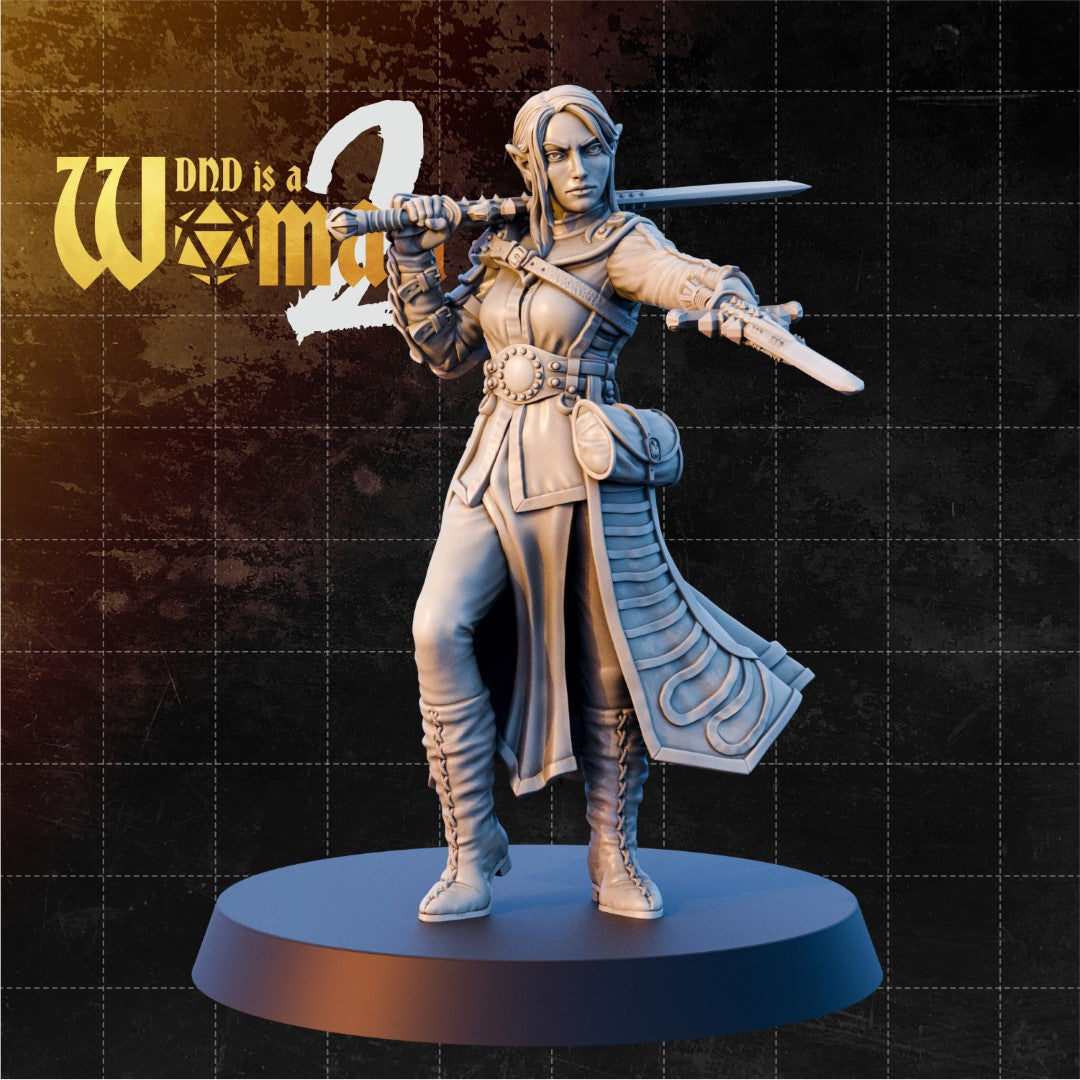 Female half-elf rogue in a wide combat stance, holding one sword extended forward and a second drawn back across her shoulder. Long open coat, studded belt, satchel at the hip, lace-up boots. Sculpt by DnD Is A Woman.