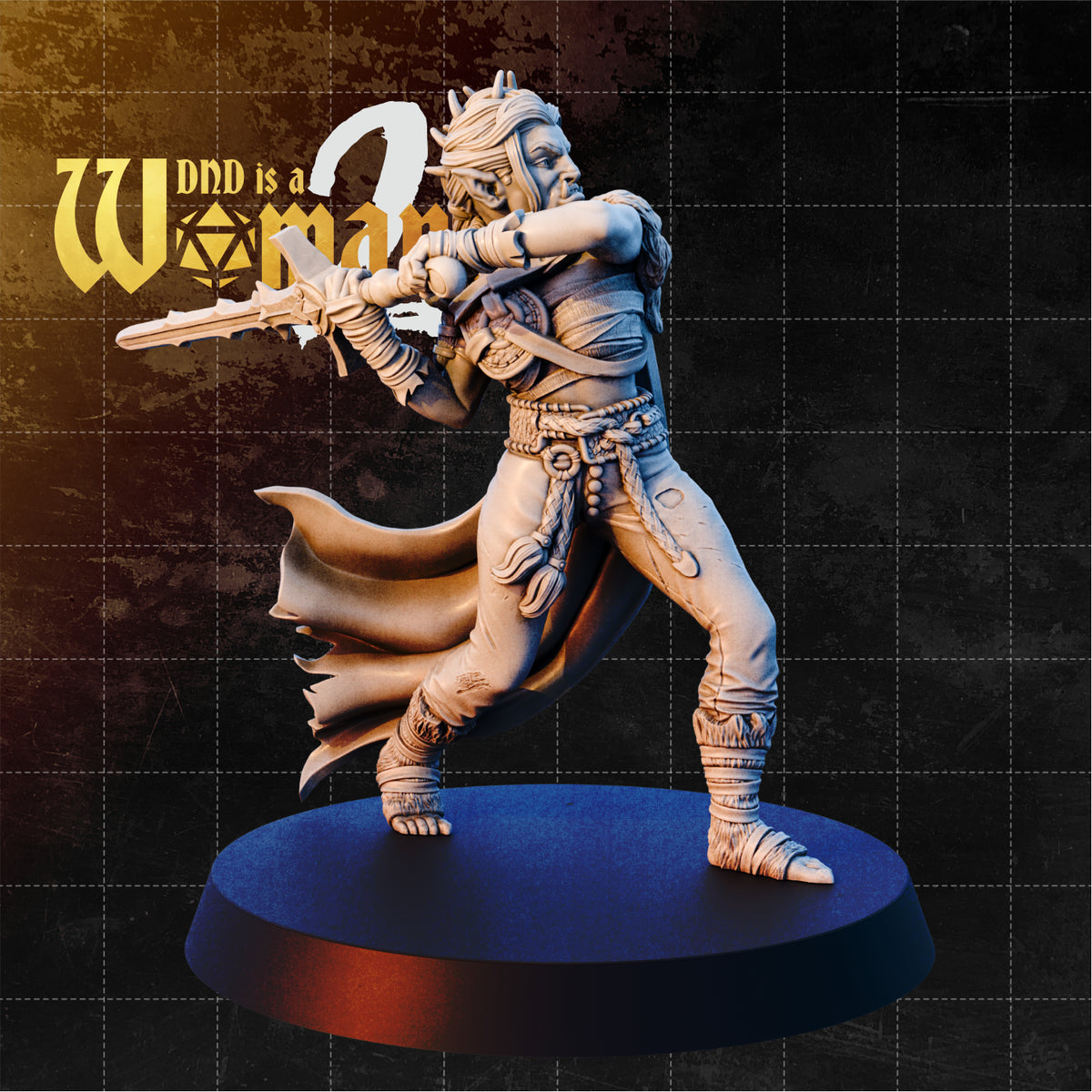 Half-orc female barbarian gripping a broad-bladed sword forward in both hands, wide combat stance, small horns, wild hair, rope-belted tattered trousers, billowing ragged cloak. Sculpt by DnD Is A Woman.