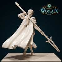 Digital render of Savine half-elf fighter miniature from the rear. The flowing cape billows dramatically behind her, and her long braided plait is clearly visible down her back. She holds the twisted greatsword extended low behind her in a sweeping combat stance. Armour details including back plating and knee guards are clearly visible.