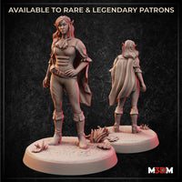 Digital render of an unpainted Half-Elf Lady miniature shown from front and rear, wearing a layered corset, travelling cloak, and knee-high boots, standing in a confident hip-resting pose on a textured desert scenic base with small plants — by M3DM