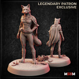 Digital render of an unpainted half-elf lady werewolf miniature shown from front and back. She stands in a confident pose in hybrid wolf-human form, wearing a fitted buckled corset, close-cut trousers, and a flowing cape. Her wolf head is detailed with fur and ears, and her lower legs end in clawed digitigrade feet. The scenic oval base features small plants and sandy texture.