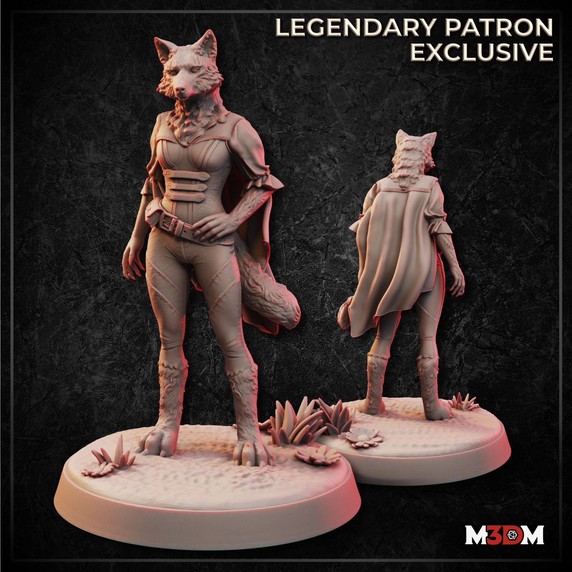 Digital render of an unpainted half-elf lady werewolf miniature shown from front and back. She stands in a confident pose in hybrid wolf-human form, wearing a fitted buckled corset, close-cut trousers, and a flowing cape. Her wolf head is detailed with fur and ears, and her lower legs end in clawed digitigrade feet. The scenic oval base features small plants and sandy texture.