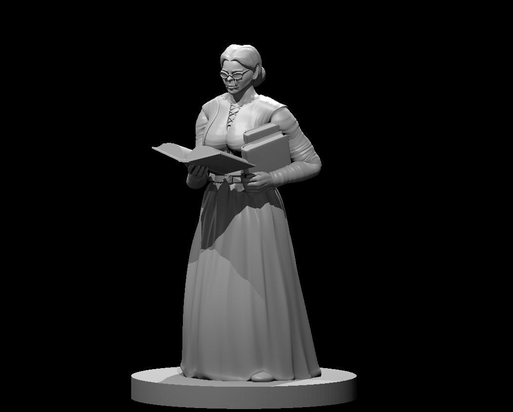Half-orc female wizard standing upright, reading an open book held in one hand, with a second book tucked under her arm. She wears a long skirt, laced bodice, fitted leather sleeves, and spectacles. Sculpt by MZ4250.