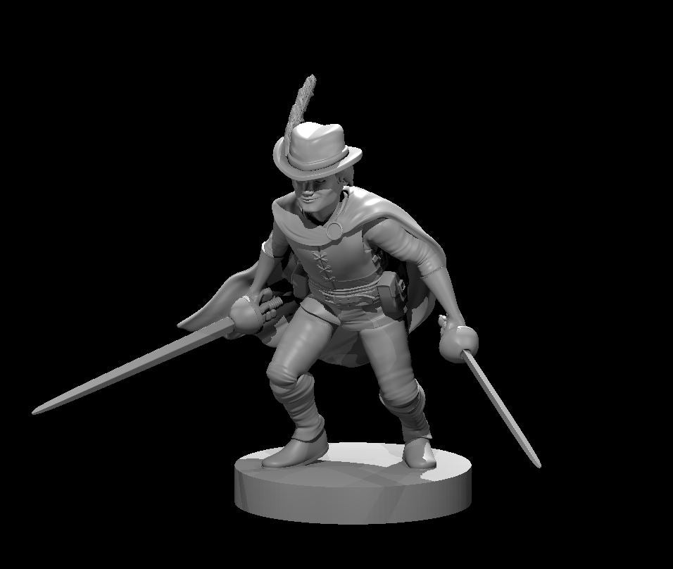 Grey resin digital render of a halfling male rogue swashbuckler miniature in a low combat crouch, wielding two rapiers — one thrust forward and one angled low. He wears a wide-brimmed feathered hat, short cloak, embroidered leathers, and a belt pouch. Mounted on a flat round base. 32mm scale tabletop miniature.