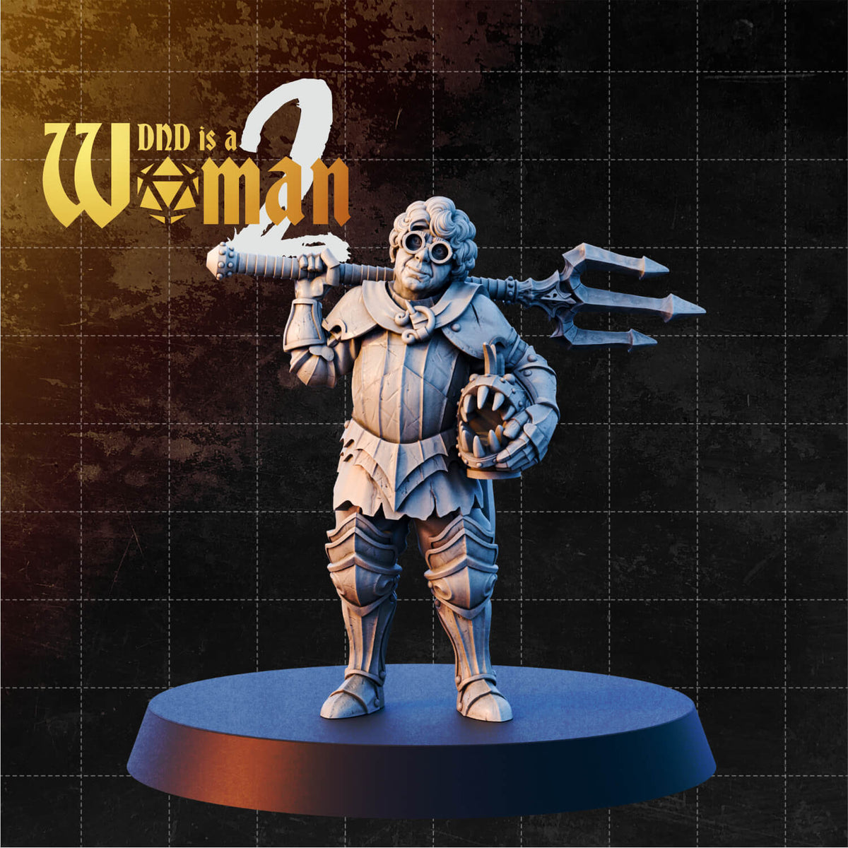 Stocky halfling fighter standing upright, trident resting across her back, holding a fanged mimic lantern at her side. Goggles on curly hair, quilted armour, leg plates. Sculpt by DnD Is A Woman.