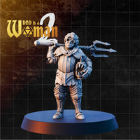 Stocky halfling fighter standing upright, trident resting across her back, holding a fanged mimic lantern at her side. Goggles on curly hair, quilted armour, leg plates. Sculpt by DnD Is A Woman.
