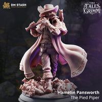 Rear view of Hamelin Pansworth by DM Stash showing the full back of the long engraved coat, floral border detailing along the hem, rat-swarmed scenic base visible beneath the figure's striding pose.