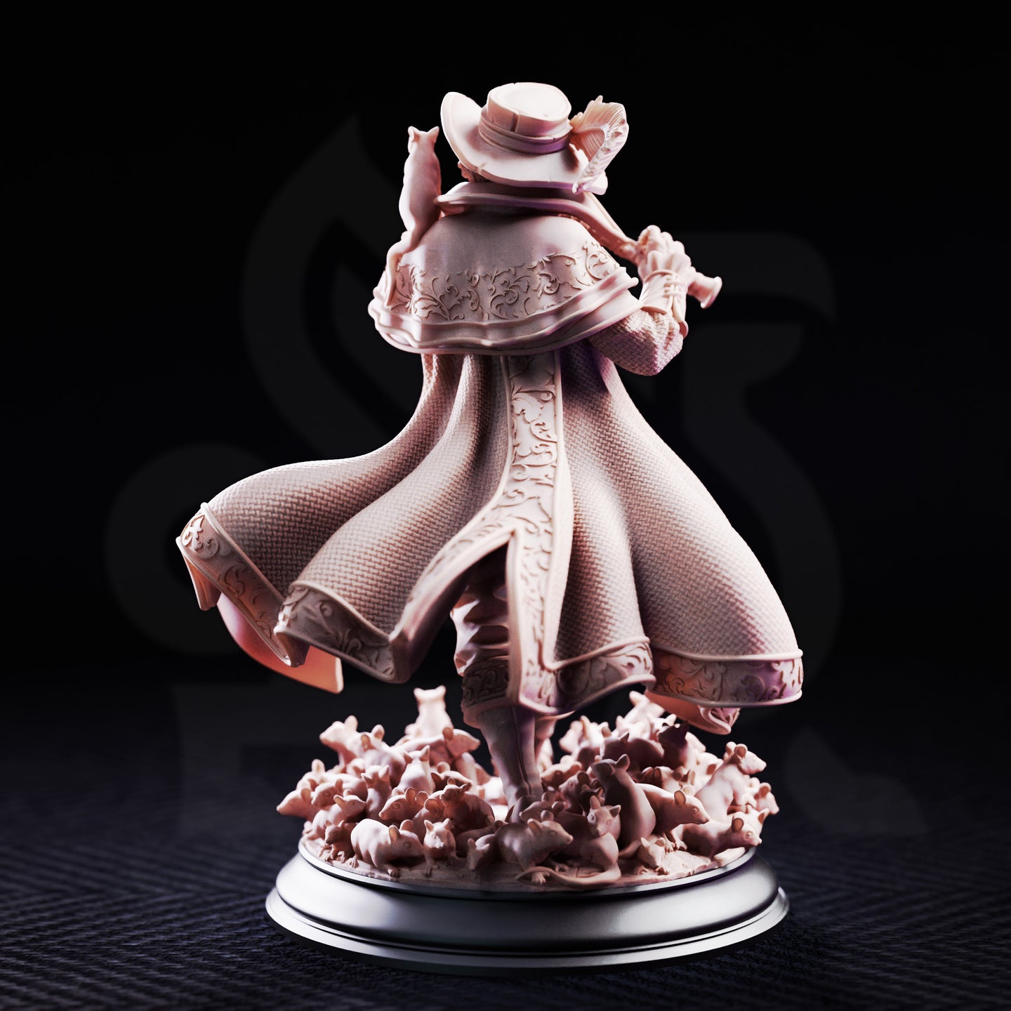 Hamelin Pansworth Pied Piper miniature by DM Stash, playing a pipe with coat billowing, a rat on his shoulder, standing on a base covered in dozens of tiny sculpted rats.