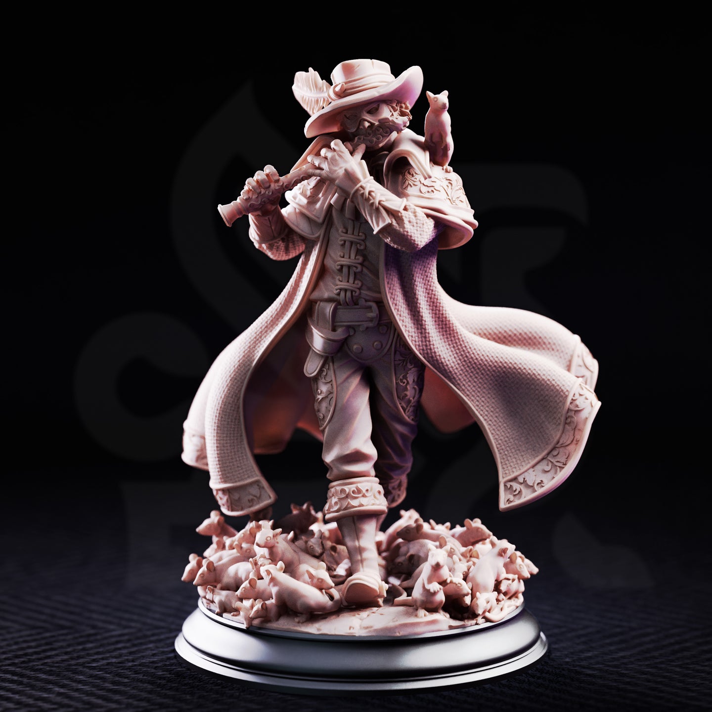 Pied Piper miniature by DM Stash shown from the front, coat panels displaying woven fabric texture, filigree-trimmed hem and cuffs, waistcoat with floral embroidery, broad-brimmed plumed hat.