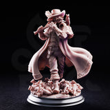 Pied Piper miniature by DM Stash shown from the front, coat panels displaying woven fabric texture, filigree-trimmed hem and cuffs, waistcoat with floral embroidery, broad-brimmed plumed hat.