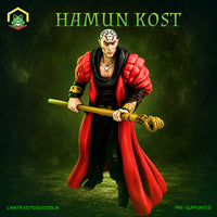 Bald male mage gripping a long golden staff in both hands, wearing a bulky crimson and black robe with heavy padded shoulders. Tribal tattoos cover his scalp. Expression is cold and calculating. Sculpt by The Toadstool Weaver.