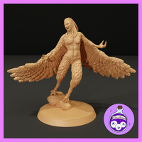 Harpy miniature with wings spread wide, standing on a rocky outcrop. Feathered lower body, snarling fanged expression, clawed hands raised. Sculpt by Ella's Arcanum Minis.