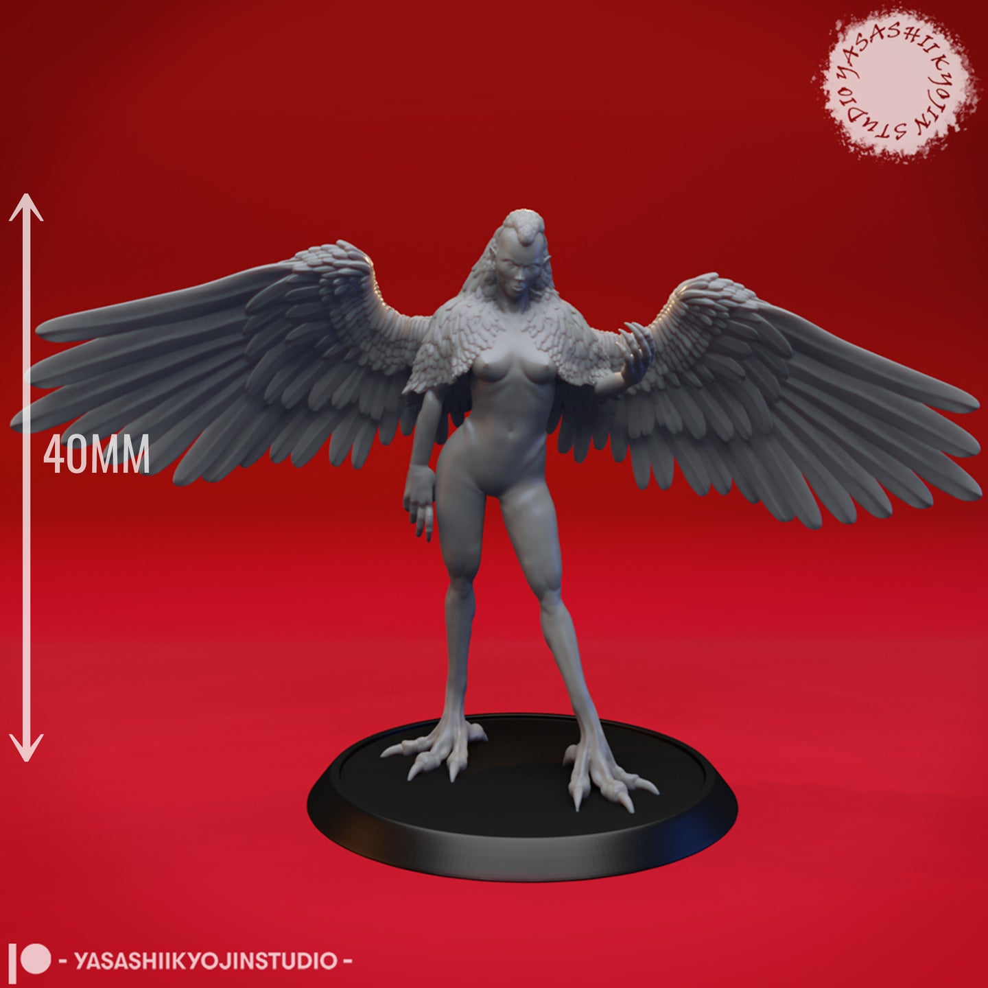 Side-angle unpainted grey resin render of the Yasashii Kyojin Studio harpy miniature with a 40mm scale reference indicator, showing full wing span, feather detail on wings and shoulders, and clawed bird-like feet on a round black base