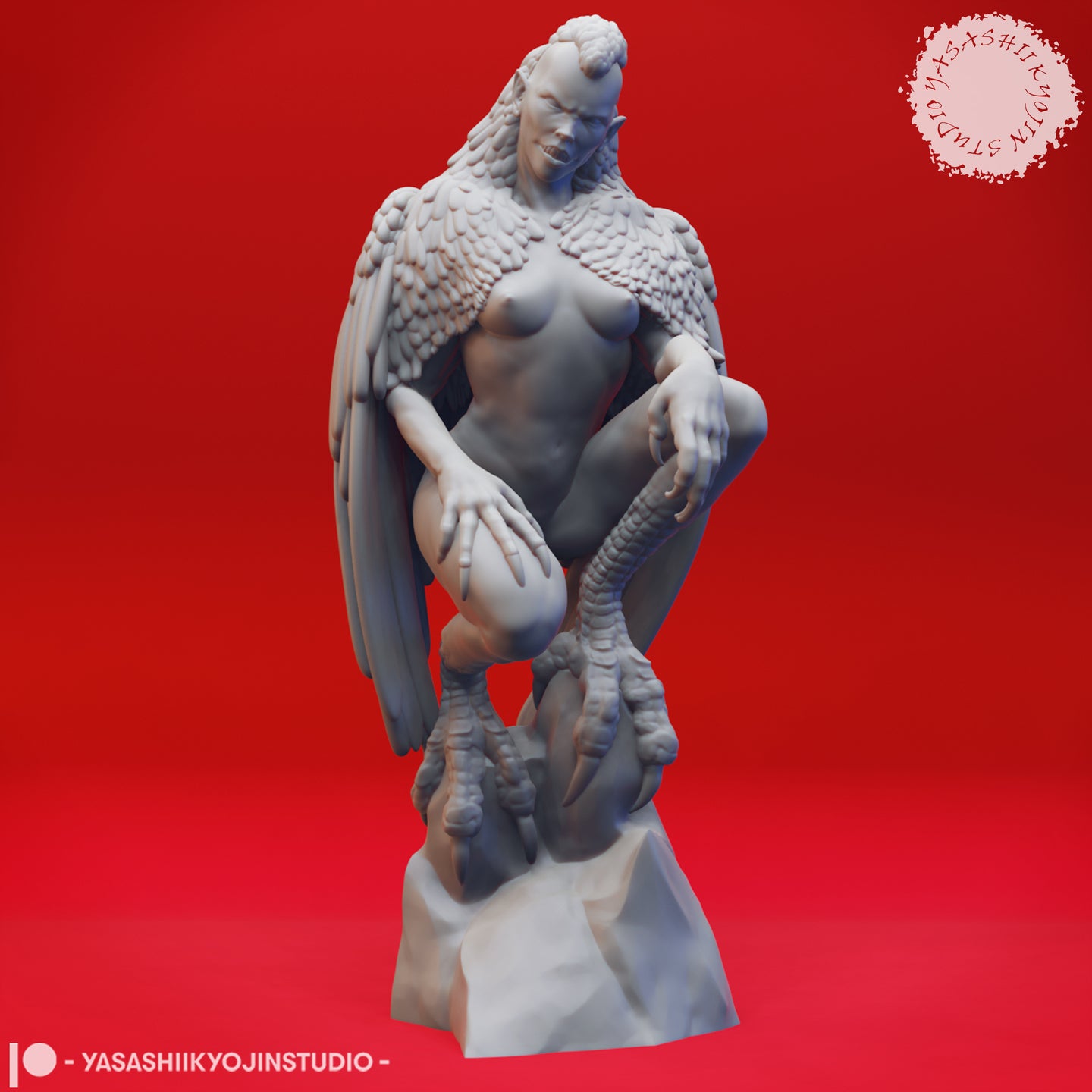 Digital render of a female harpy miniature in a crouching pose, perched on a rocky base. She has large feathered wings half-spread behind her, scaled bird-like legs with raptor talons gripping the rock, and a humanoid upper body with detailed feathering across the shoulders and chest. Front three-quarter view.