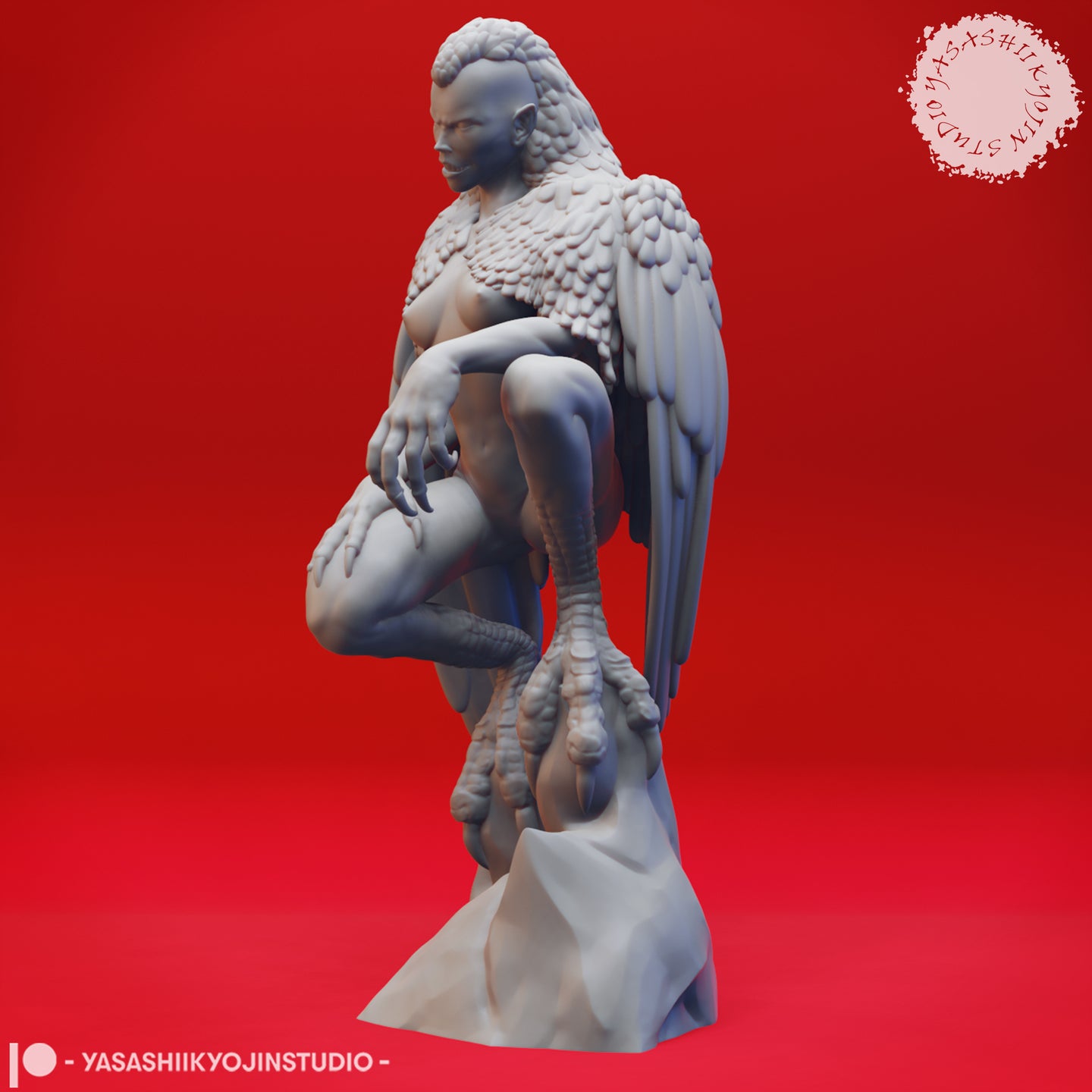 Digital render of a male harpy miniature in a crouching pose, perched on a rocky base with a draped cloth element. He has broad feathered wings folded behind him, scaled avian legs with large taloned feet, and a muscular humanoid torso with tight curled hair. Side profile view showing wing feather detail.