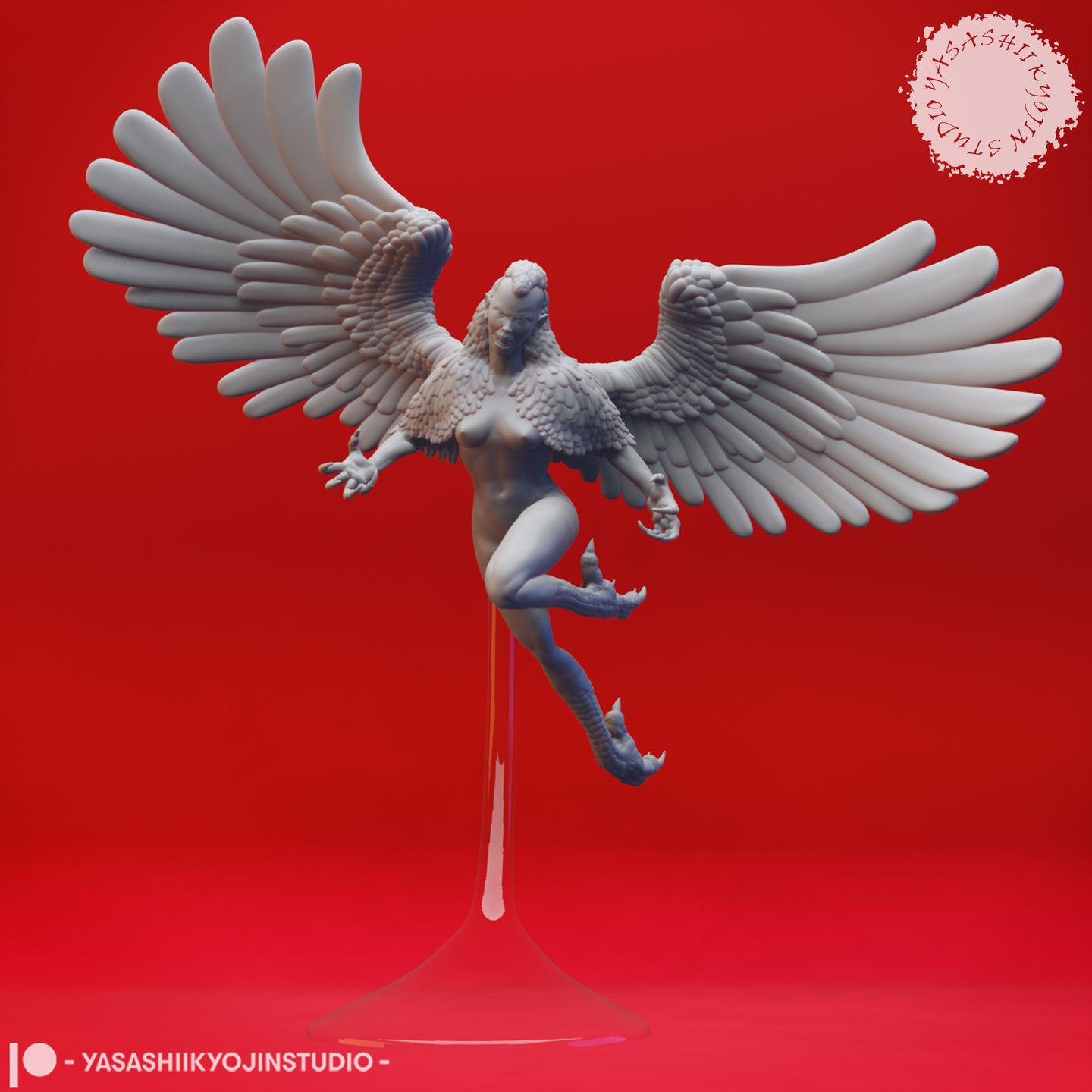 Front-facing digital render of the Harpy 03 miniature by Yasashii Kyojin Studio — an unpainted grey resin figure of a winged female harpy in a mid-flight pose, wings spread wide, talons outstretched, mounted on a transparent flight stand against a red background