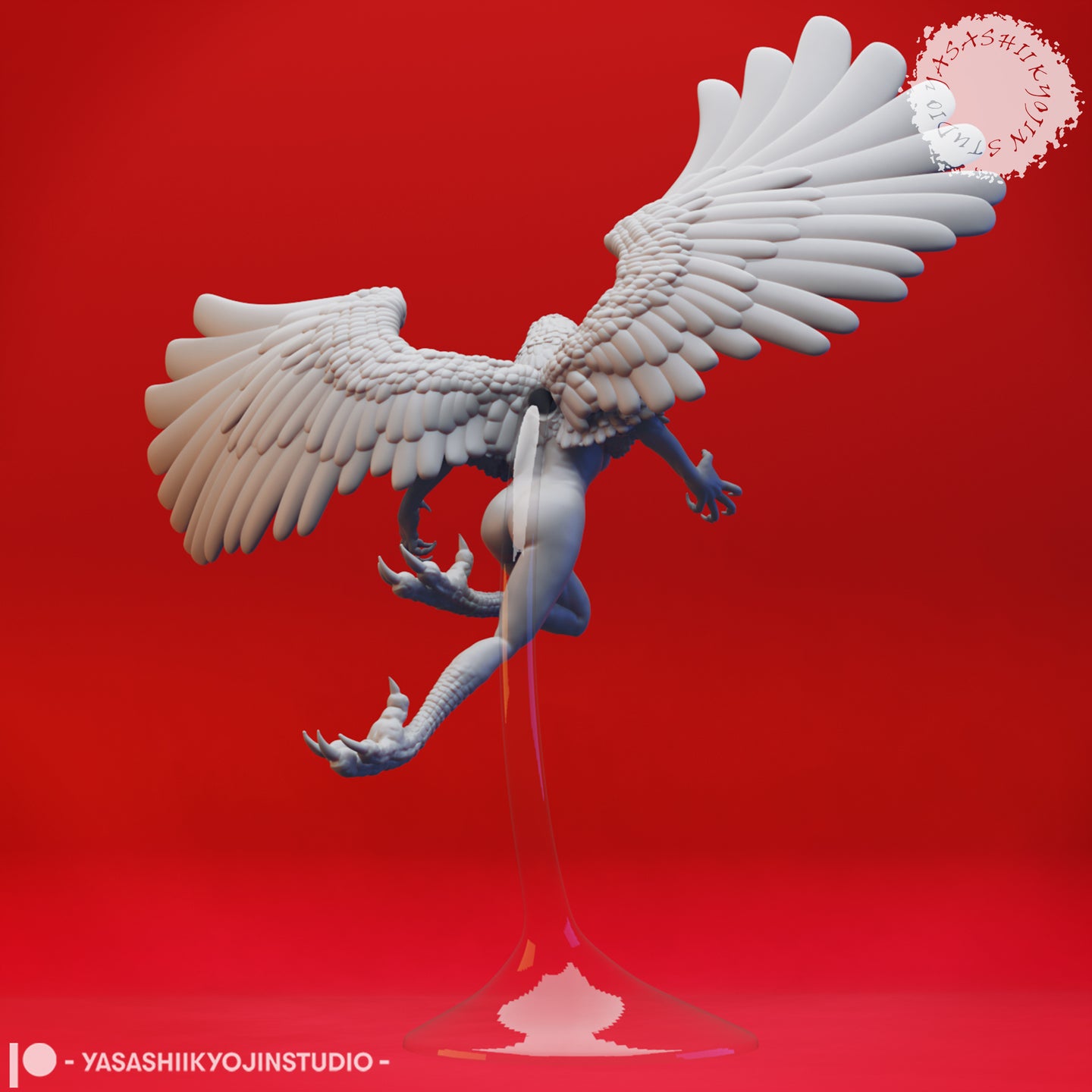 Rear view digital render of the Harpy 03 miniature showing the full sweep of her wings and layered feather detail across her back, avian talons extended downward, mounted on a transparent flight stand