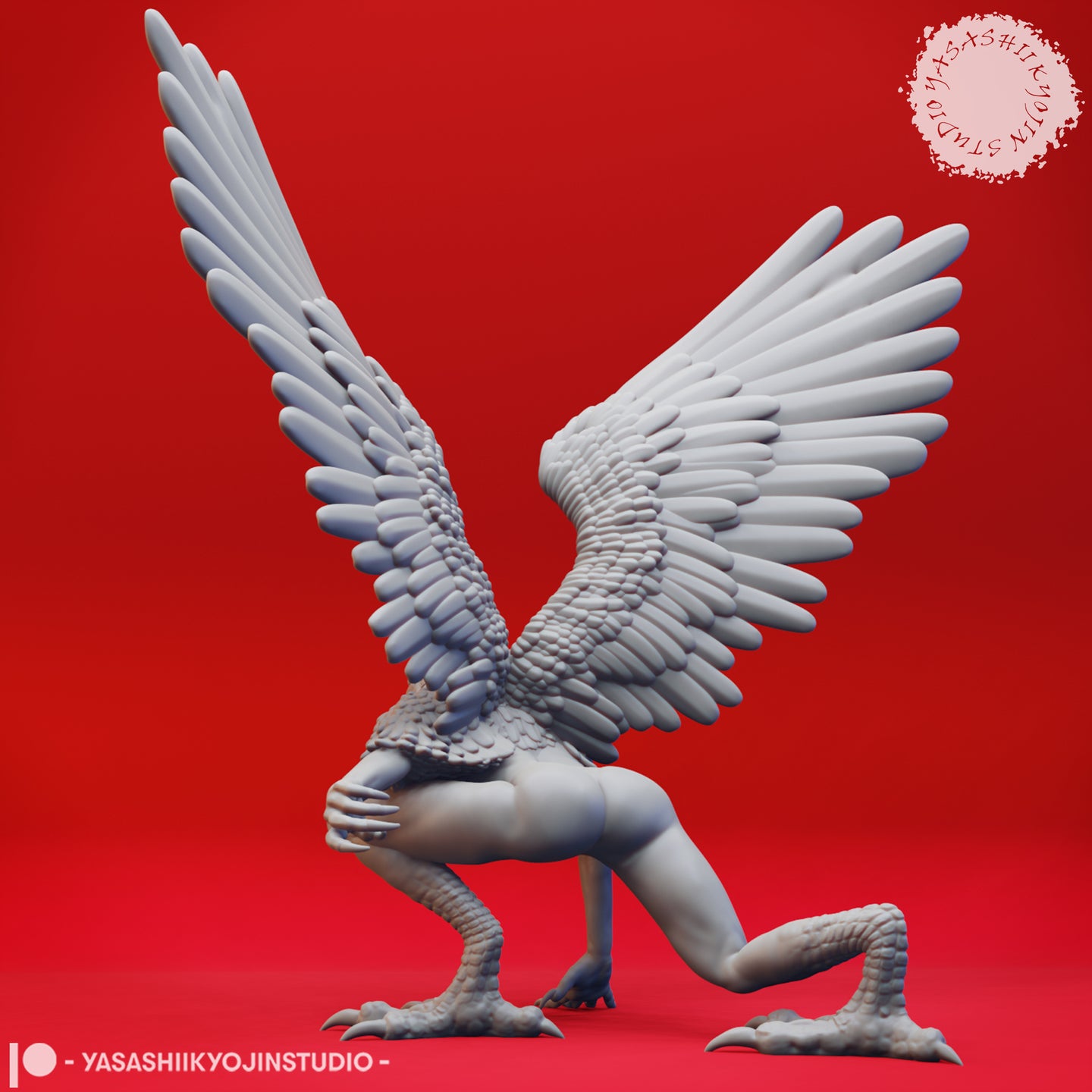 Side-rear digital render of the Harpy 04 miniature showing the full wing span from behind, the layered feather detail across both wings, and the creature crouching on scaled bird-like feet with talons extended
