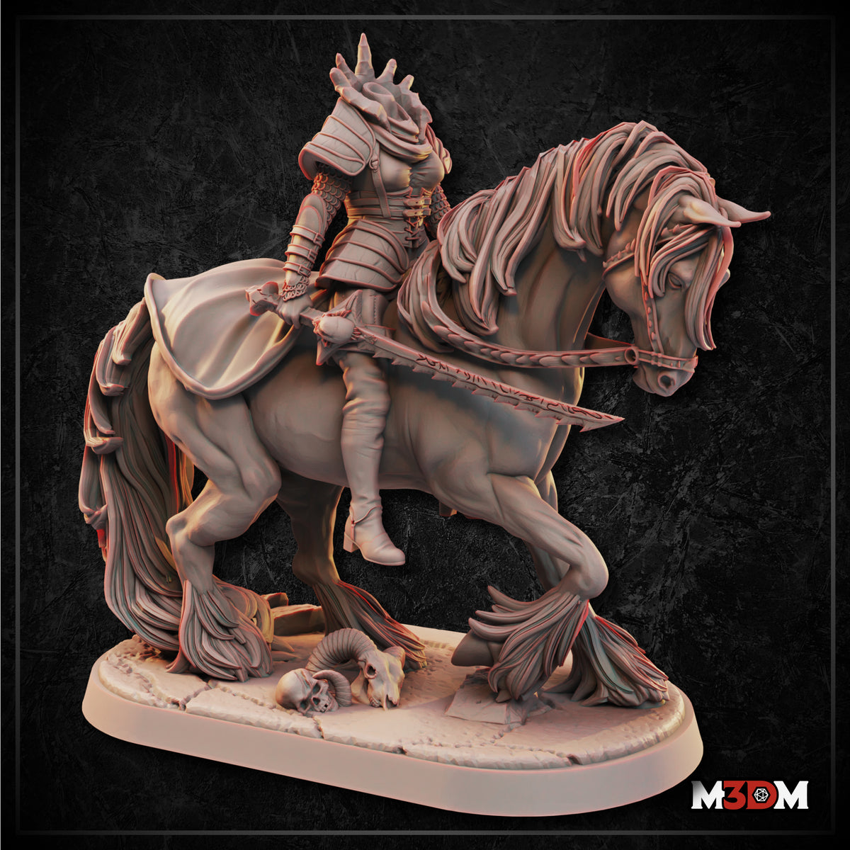 Armoured headless female rider mounted on a muscular horse mid-stride, holding a long blade, with a flowing mane, feathered hooves, and skull-strewn base. Sculpt by Mia Kay M3DM.