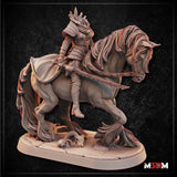 Armoured headless female rider mounted on a muscular horse mid-stride, holding a long blade, with a flowing mane, feathered hooves, and skull-strewn base. Sculpt by Mia Kay M3DM.