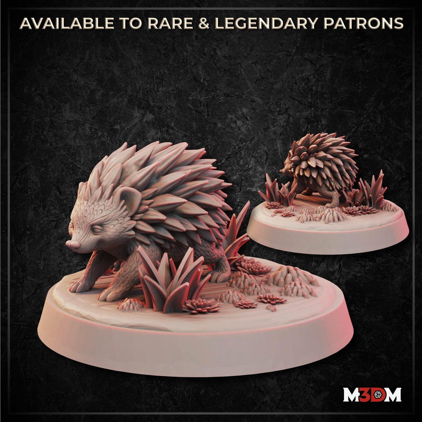 Digital render of two hedgehog miniatures printed in grey resin by Mia Kay M3DM — a larger pose mid-forage on a base with crystal growths and low foliage, and a smaller curled pose on a round textured base with crystalline flora surroundings